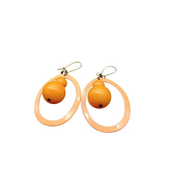 Vintage Orange Dangle Earrings with Oval Enamel Frame & Bead Accents - Picture 4 of 5